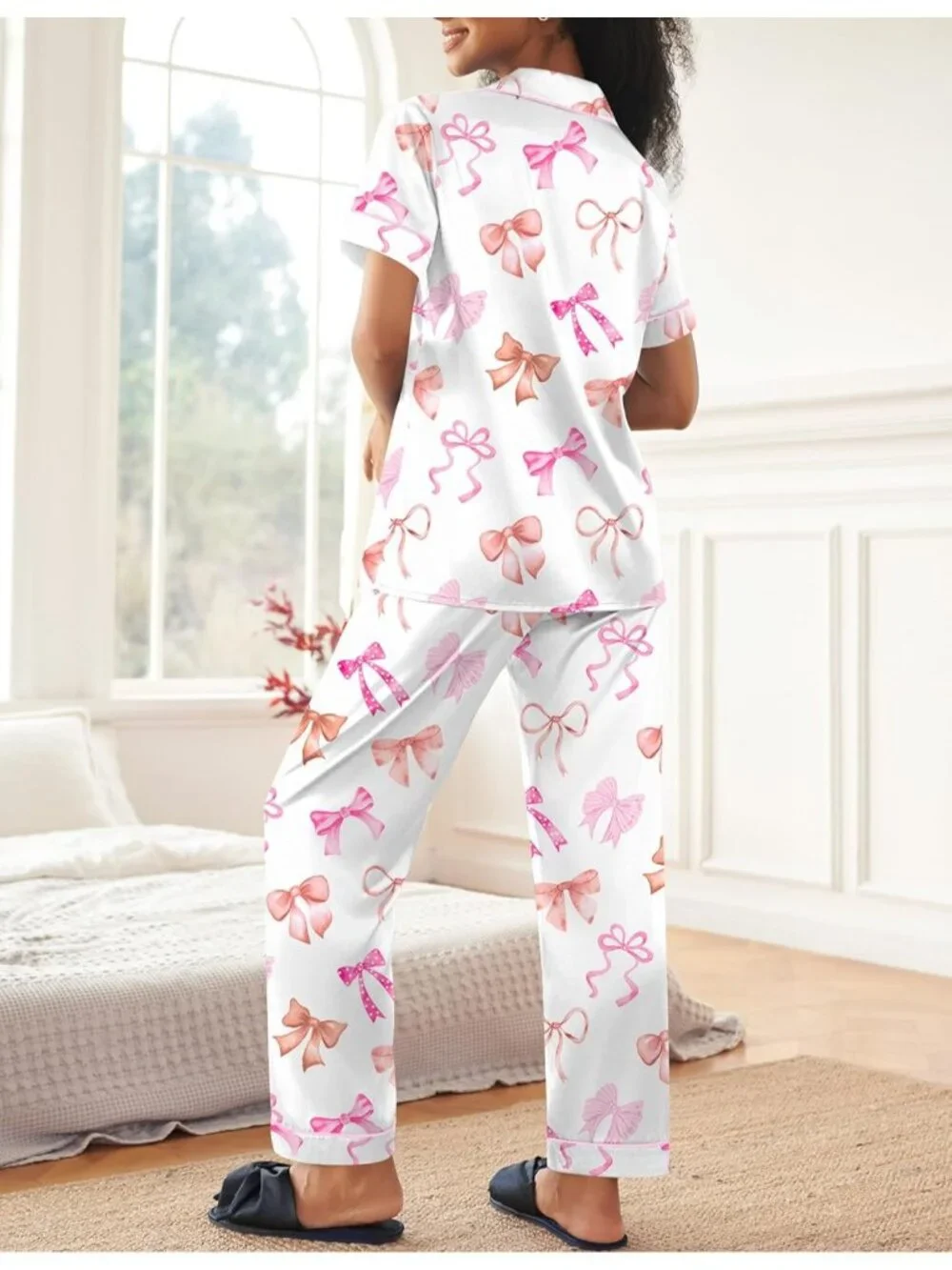 Women's White Bow Silky Short Sleeve Button Down Loungewear Pajama Set
